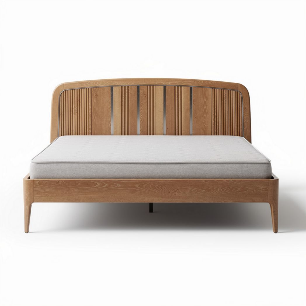 Houten bed met gestreepte rugleuning en grijs matras 200 x 160 x 90cm