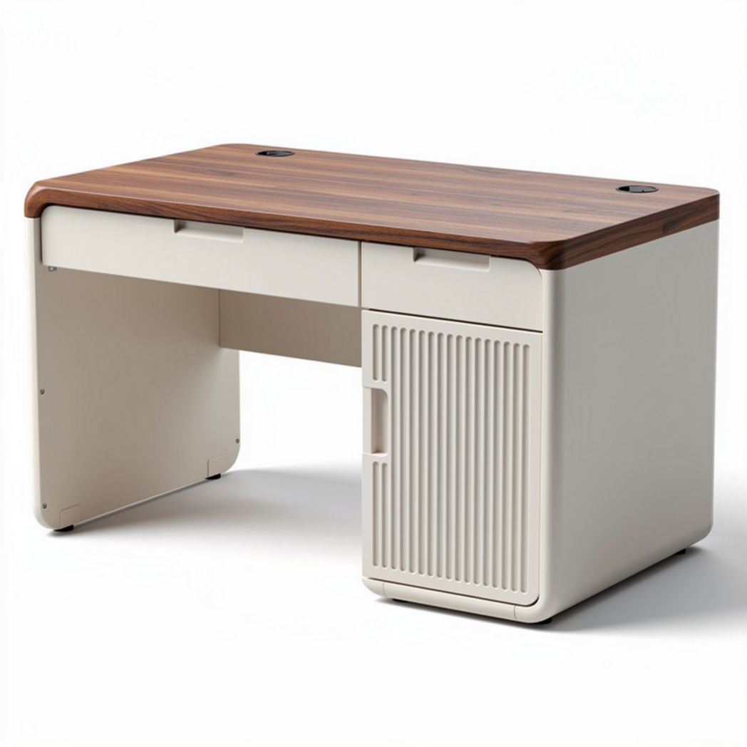 Bureau met een walnut top en een witte opbergruimte van 120 x 60 x 75cm