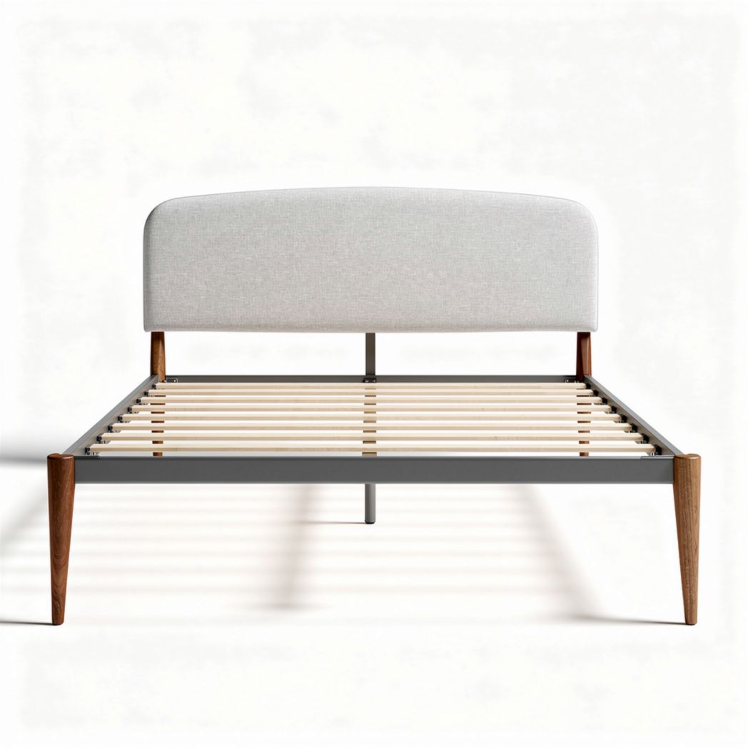 Bedframe van hout en metaal met gestoffeerde hoofdbord 200 x 150 x 100cm