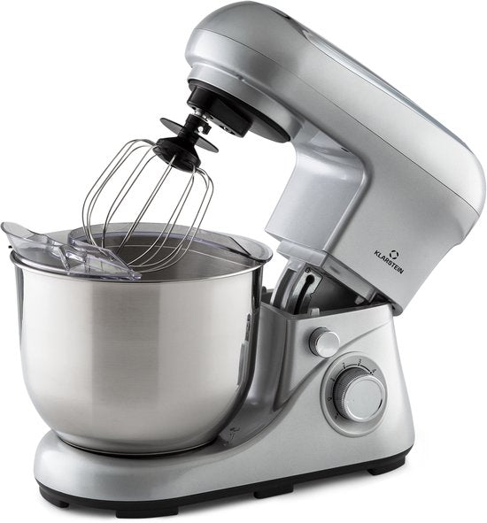 Klarstein Keukenmachine Knetmaschine zum Backen, 1300W Teigmaschine klein, 6 standen, Schneebesen Knethaken, 5L kom, planetair , roermachine met Mixer, keukenmachines voor Brotteig - Keukenmachine - voor Keuken - Garde - RVS(Zilver Metallic)