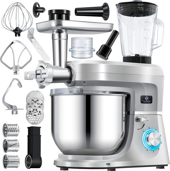 Kesser KESSER® 3 in 1 Keukenmachine Foodprocessor - Keukenmixer - Keukenrobotor K-KM 3000 met Kneder Multifunctionele Mixer 5,5 L Kom met 3 Menggereedschappen 1,5 L Sapcentrifuge Worstset Pasta Koekjesvormen - Zilver