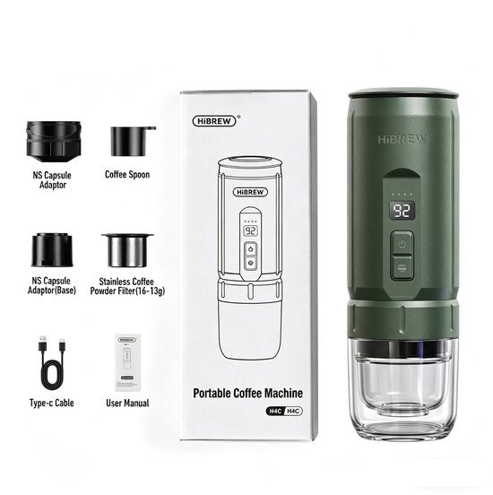 HiBrew Draagbare Elektrische Espressomachine - Draagbaar Koffiezetapparaat - 7500 mAh batterij - 20 bar druk - Voor Onderweg, Reizen en Camping- 100 ml - - Espresso - Nespresso - Dolce Gusto - Capsule Koffie - Gemalen Koffie - groen