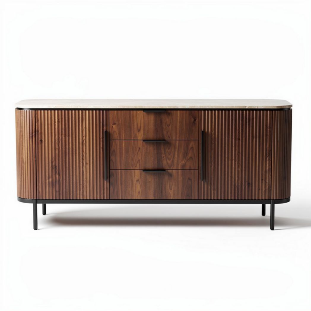 tv-meubel van hout met 3 lades en marmeren bovenblad 150 x 45 x 70cm