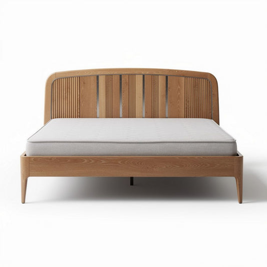 Houten bed met gestreepte rugleuning en grijs matras 200 x 160 x 90cm