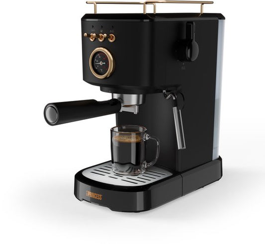 Princess 249417 Espressomachine – 20 Bar – Geschikt voor Gemalen Koffie, Pads  Cups – Met Melkopschuimer – 1,2L Watertank – 2 Kopjes Tegelijk – Kopjesverwarmer – Zwart – Cappuccino  Latte Machine