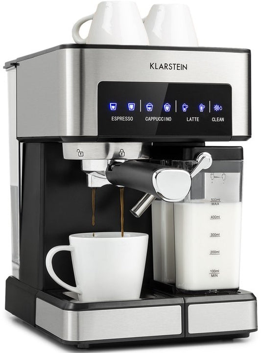 Klarstein Koffiemachine Espresso Pistonmachine met Melkopschuimer, 1,8 L Mini Espressomachine met Piston, 20 Bar RVS Compact, Melkreservoir, 1350 W Koffiemachine voor Gemalen Koffie - Stoompijpje Touch LED - Coffee Machine