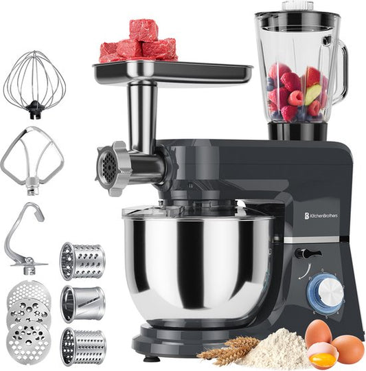 KitchenBrothers Keukenmachine - Keukenrobot - 6-in-1 Keukenmixer - Met Gehaktmolen, Blender en 15 Accessoires - 6,2L RVS Kom - Antraciet(Set， Antraciet)