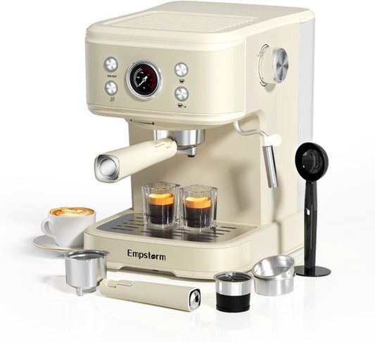 Empstorm Semi‑automatische espressomachine - 20Bar Druk - PID Temperatuurregeling Geschikt voor gemalen koffie  capsules - 1,5L Watertank -wit