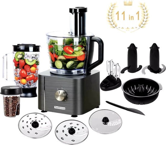Merkloos / Sans marque JR Keukenmachine - Alles in 1 keukenmachine - Multifunctionele keukenmachine - Vleesmolen - Garde - Kneder - Shredder - Sinaasappelpers - Hakselaar - Blender - 1100W - Donkergrijs