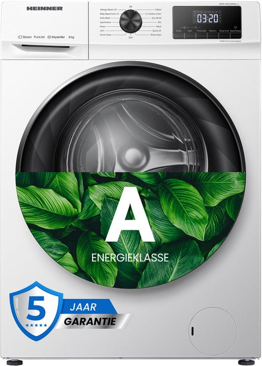 Heinner HWM-H8014INVA+++ Wasmachine 8 kg – 1400 tpm – Inverter Motor – Energieklasse A – 15 Wasprogramma’s met Stoomfunctie – Wit – 5 Jaar Garantie