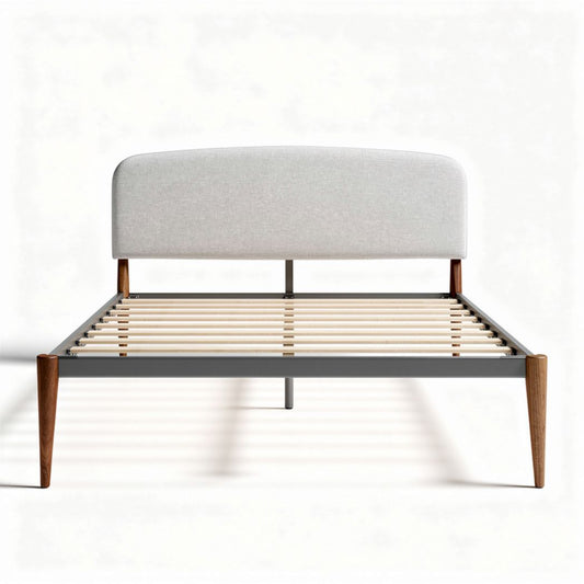 Bedframe van hout en metaal met gestoffeerde hoofdbord 200 x 150 x 100cm