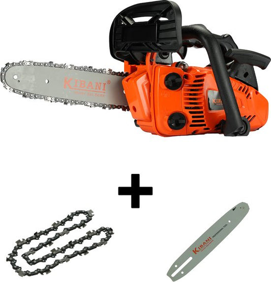 Kibani Kettingzaag Benzine - Incl. 2 Kettingen en Zaagblad - 25.4 cc / 1 pk 2-takt Motor - Zwaardlengte 25 cm / 10 inch – Easy-Startsysteem - snoeizaag