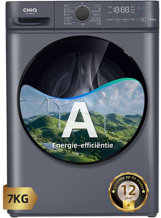 chiq CHiQ CW07123863AX - Wasmachine - 7 KG - Space Pro - 16 programma's - AI Smart - Stoomwassen  Quick Wash - 12 jaar garantie op motor - A(Grijs)