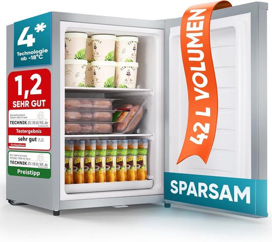 Stillstern Mini-vriezer klein  stil 42 l, mini-diepvrieskist -18 °C met ijsblokjesbakje  slot, deurscharnier rechts/links, 4-sterren diepvrieskast kleine diepvriezers [energieklasse E](Silber)
