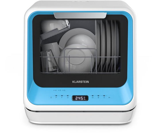 Klarstein Vaatwasser Amazonia Mini - Compact Aanrechtblad, 7 Programma's, 5L Tank of Directe Aansluiting, Energie-efficiëntieklasse D, Stil 58dB, Digitaal Display, Draagbaar Tafelblad voor Kleine Keukens, Blauw - Mini-Vaatwasser - voor Keuken(Blauw)