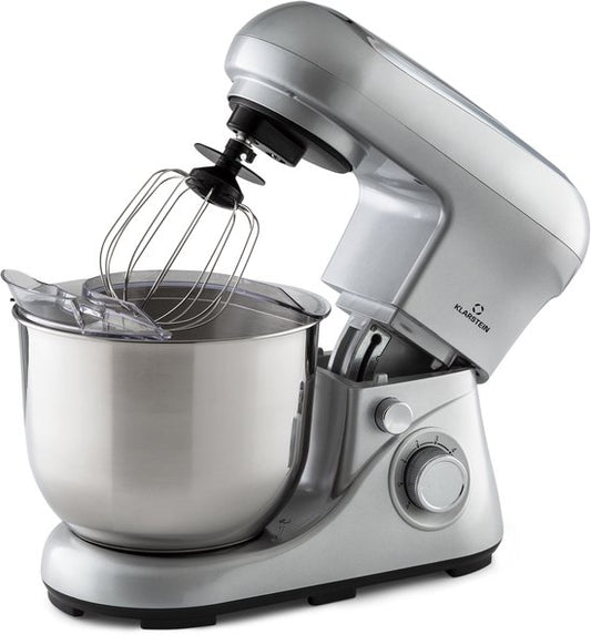 Klarstein Keukenmachine Knetmaschine zum Backen, 1300W Teigmaschine klein, 6 standen, Schneebesen  Knethaken, 5L kom, planetair , roermachine met Mixer, keukenmachines voor Brotteig - Keukenmachine - voor Keuken - Garde - RVS(Zilver Metallic)