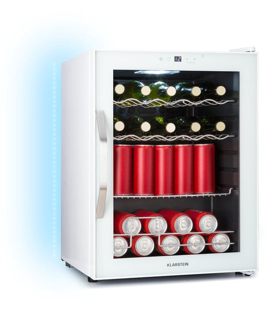 Klarstein Drankkoeler Coachella 60 Drankenkoelkast - 60 liter met wifi, glazen deur, LED-binnenverlichting, 3-18 °C, 7 lichtkleuren, 3 metalen schappen, energie-efficiëntieklasse E, wit - Drankkoelkast - Touch - RVS - Drankenkoeler(Wit)