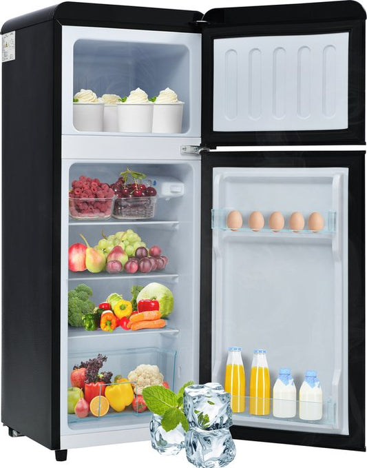 Sweiko Koel-vriescombinatie, Retro koelkast, 105.5*41cm, tweedeurs, 92 liter totaalvolume, met 28 liter vriesvolume, 181 kWh/jaar, -27°C ~13°C, LED-licht [Energieklasse F](Zwart)