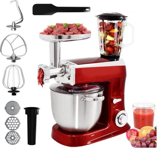 Royalty line Royalty Line Keukenmachine - Keukenrobot - 2100W - Foodprocessor met 7 Snelheidsstanden + LED, incl. Garde / Kneedhaak / Mengarm en Blender, Met Spatscherm  RVS Mengkom Van 7.5 Liter - Rood