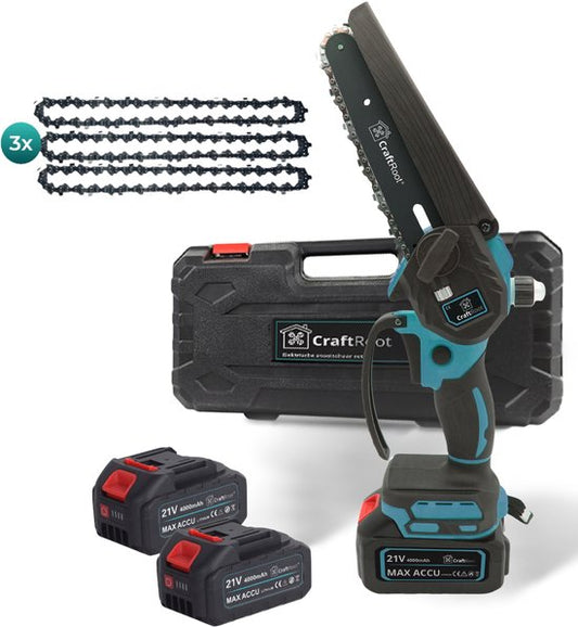 CraftRoot Elektrische Mini Kettingzaag - Draadloze Compacte Kettingzaag met Automatische Kettingsmering - Handkettingzaag - Snoeizaag - Takkenzaag - 2x 4.0Ah Accu's - Opberg Koffer - Brushless(36)