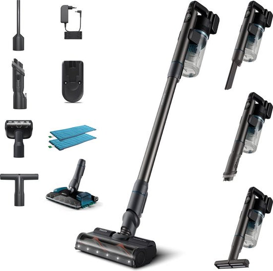 Philips Steelstofzuiger met Dweilfunctie XC8055/01 Aqua Plus - Draadloos en Zonder Zak - Zuigmond met LED Verlichting - Kruimeldief - Batterijduur tot 80 min - Lichtgewicht - Blauw