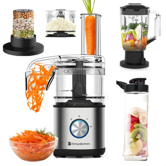 KitchenBrothers Foodprocessor - 5 in 1 Multifunctioneel Model - Hakmolen - Groentesnijder - BPA Vrij - 0,5L - Keukenmachine - Uiensnijder - RVS(Zwart， RVS)