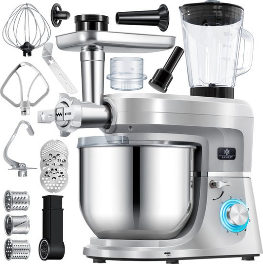 Kesser KESSER® 3 in 1 Keukenmachine Foodprocessor - Keukenmixer - Keukenrobotor K-KM 3000 met Kneder Multifunctionele Mixer 5,5 L Kom met 3 Menggereedschappen 1,5 L Sapcentrifuge Worstset Pasta  Koekjesvormen - Zilver