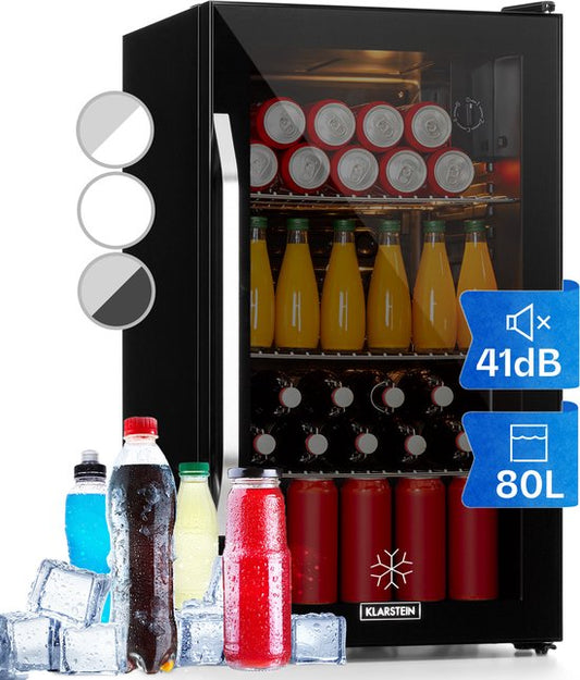 Klarstein Drankkoeler minikoelkast met glazen deur, minikoelkast voor op de kamer, kleine met verstelbare schappen, kleine koelkast van 80 liter, stille koelkast voor binnen en buiten - Drankkoelkast - Touch - Zwart - Drankenkoeler(Zwart)