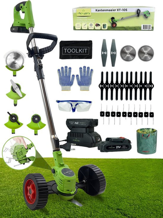 Mowza MOWZA® 4-in-1 Kantenmaaier – Grastrimmer – Bosmaaier – Grasmaaier – Draadloos  Elektrisch – Incl. 2 Accu ‘s  Snellader - Groen/zwart(15.10 cm)